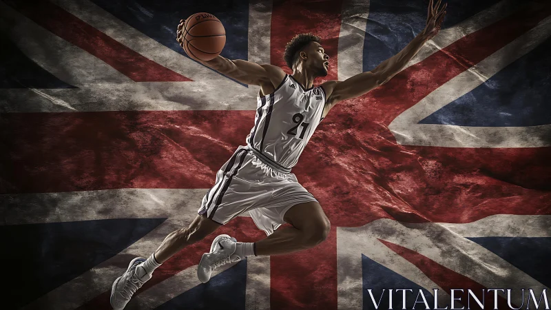 Dynamic basketball player soars before bold Union Jack backdrop