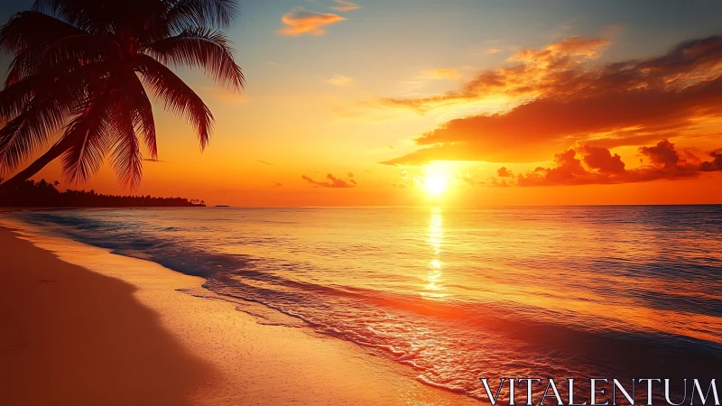 Sunset paints the palm-lined shoreline in molten citrus light