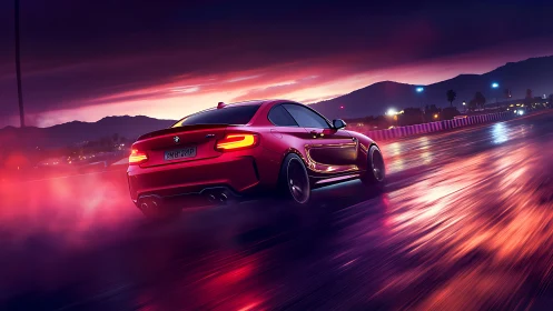 Neon dusk racetrack lets scarlet sports coupe chase lightning