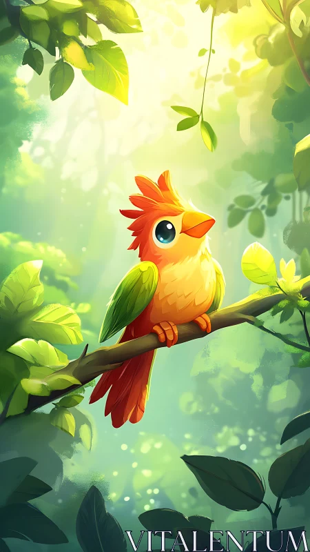 Vibrant cartoon songbird under glowing rainforest canopy.