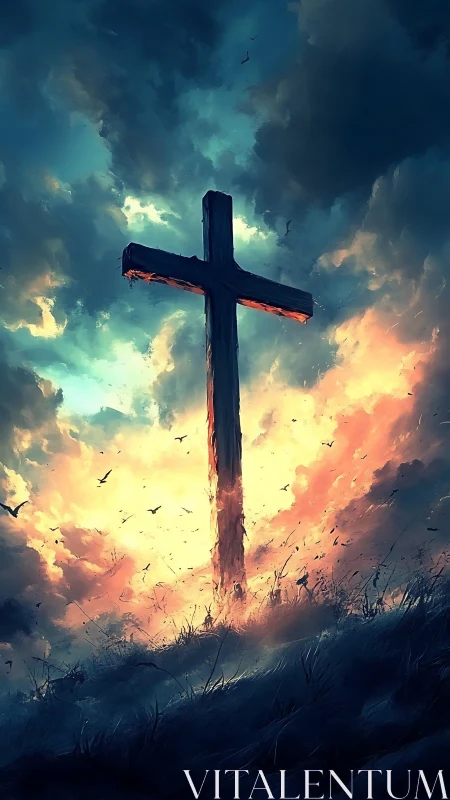 Stormlit hilltop cross amid blazing resurrection sky.