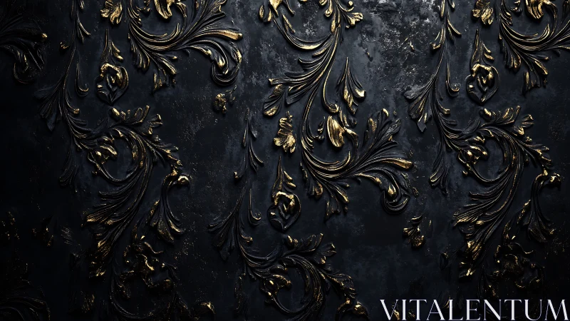 Golden baroque flourishes on deep charcoal textured wall.