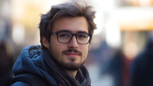 Urban portrait showcases thoughtful man in winter light.