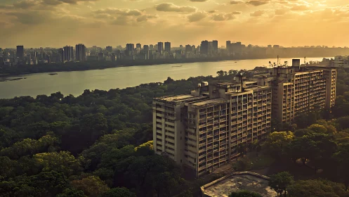 High-rise complex above riverside forest at sunset.