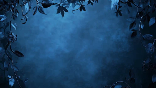 Midnight blue foliage frame over textured misty void.