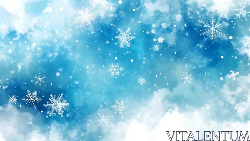 Gentle winter snowflakes drifting across a dreamy sky.