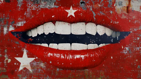 Star-splashed crimson lips shouting through painted static.