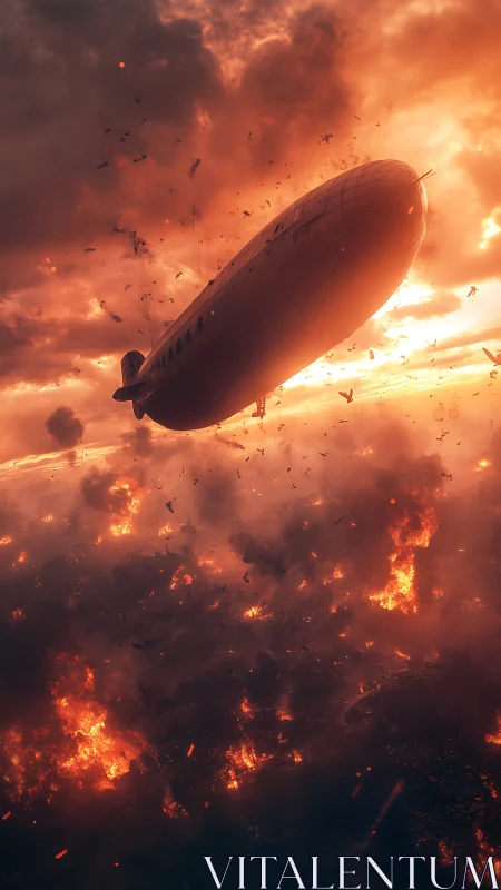 Skyship over Emberfall: dirigible adrift in burning dusk.