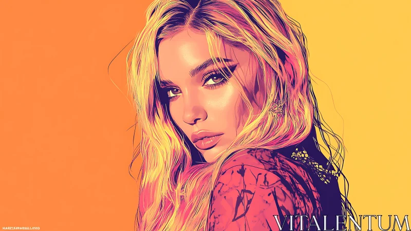 Bold neon portrait of blonde woman on split warm backdrop.