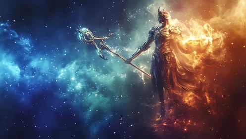 Celestial elemental warrior rendered in cosmic fire and ice.
