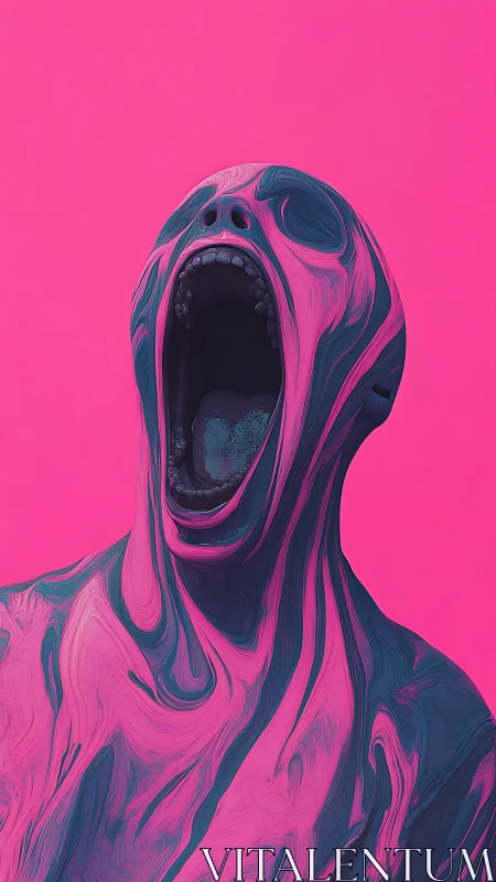 Abstract screaming figure in pink and dark teal swirl.