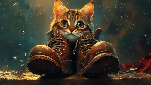 Anthropomorphic Cat in Oversized Boots Against Mystical Sky