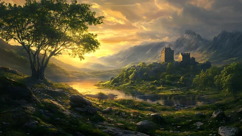 Sunlit medieval castle overlooks tranquil valley river