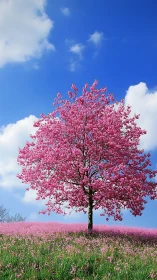 Isolated cherry tree displays dense pink blossom canopy in spring field