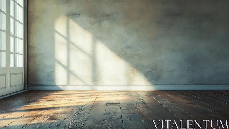 Sunlit empty room with warm wooden floor and soft shadows.