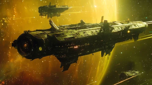 Colossal starcruisers drift past a molten aurora world.