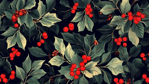 Holly leaves with clustered red berries on deep black ground