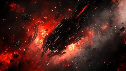 Burning starship drifts through a storm of cosmic embers.