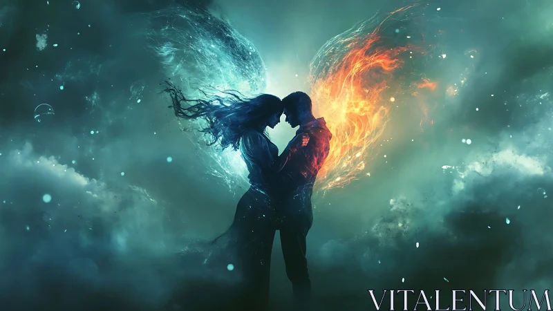 Silhouetted Couple Embracing with Dual-Element Energy Wings