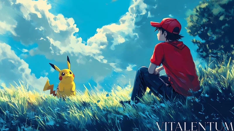 Trainer and Pikachu resting together on sunny grassy hill.