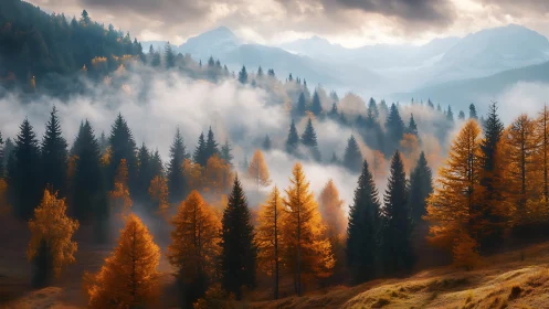 Alpine Forest Valley Embraced by Autumn Mist and Mountains