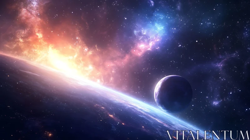 Planetary horizon with distant moon in colorful nebula field.