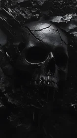Midnight obsidian skull yawns open from fractured stone