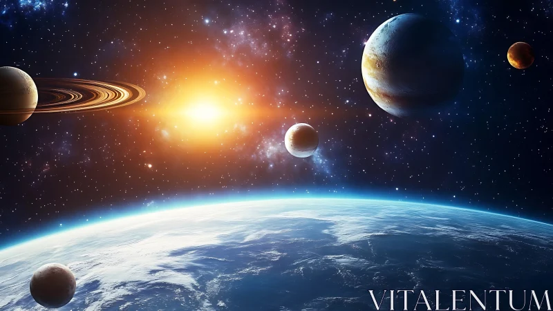 Planetary alignment over illuminated Earth horizon in space.