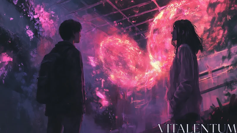 Two figures observe luminous vortex forms in a dark interior