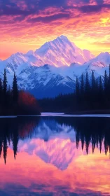 Snow-covered mountain and lake reflection at vivid sunset.