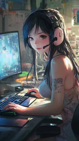 Cozy gamer girl immersed in a glowing, dreamlike desktop world.