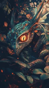 Fantasy jungle dragon portrait with bioluminescent foliage focus.