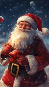 Chromatically dynamic Santa portrait with luminous snowfall rendering.