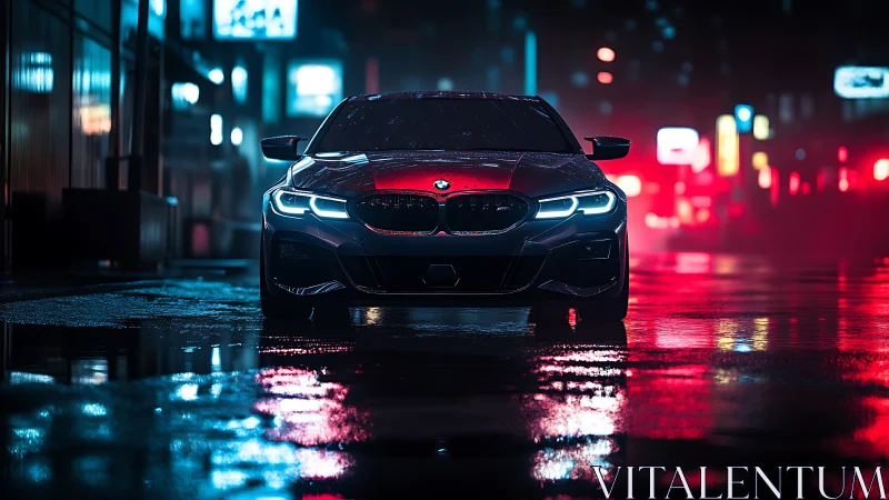 Midnight BMW sedan under neon rainlit cyberpunk streetscape.