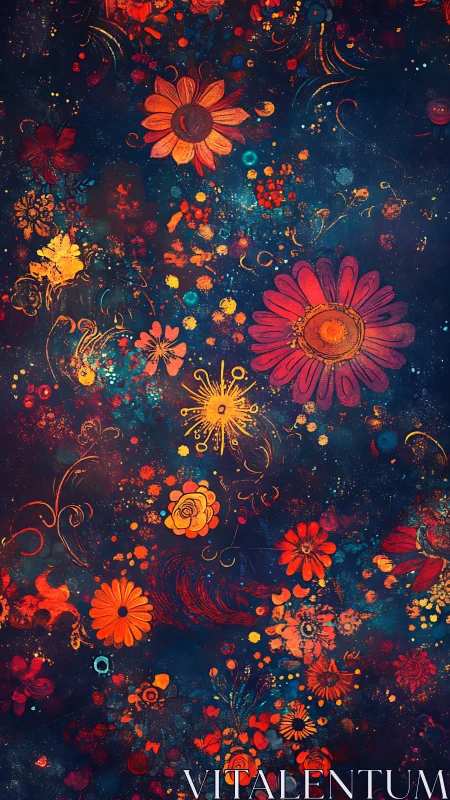 Digital floral field is rendered over a dark celestial background