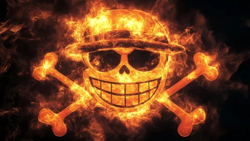 Flaming skull emblem burns fiercely against black void