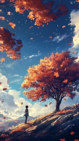 Solitary figure beneath windswept autumn maple canopy.