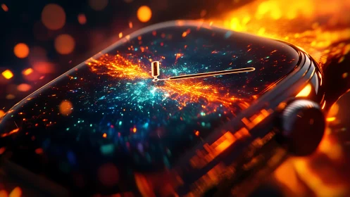 Chronometric interface with cosmic particle dispersion display.