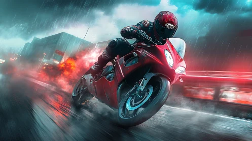 Motorcyclist in red suit riding sport bike on wet urban road.