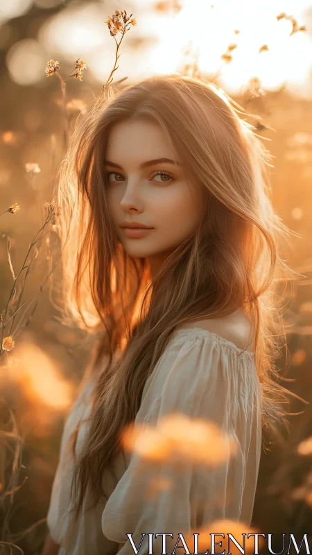 Young woman standing in sunlit wildflower field at dusk.