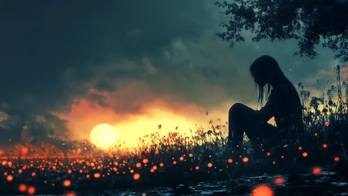 Silhouetted girl in backlit dusk field with glowing bokeh fireflies