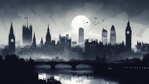 Monochrome nocturnal skyline with layered neo-gothic silhouettes.
