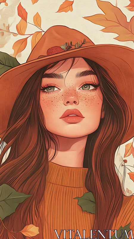 Autumn portrait girl in hat framed by falling leaves.