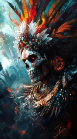 Ember-plumed skull warlord crowned in jungle relics.