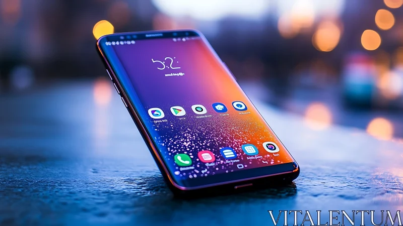 Premium Smartphone Display Against Luminescent Urban Backdrop.