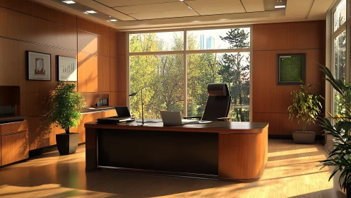 Executive workspace with panoramic glazing and warm wood finishes.