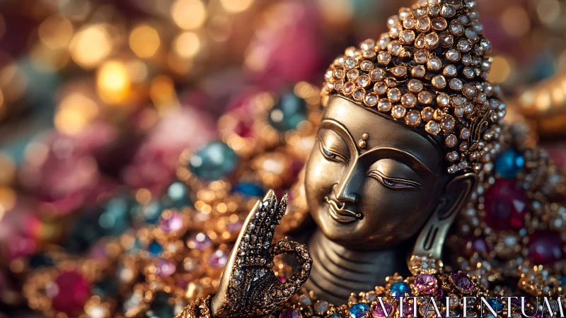 Jewelled Buddha statue head rendered in detailed close focus