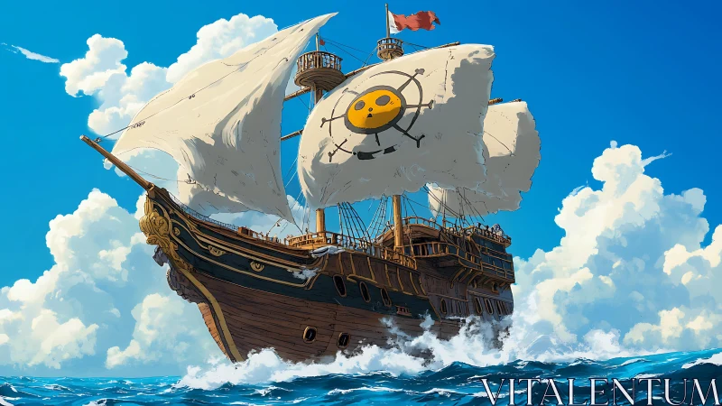 Stylized wooden galleon cuts across vivid open ocean
