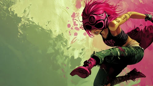 Kinetic punk runner in high-energy chromatic vector flux.