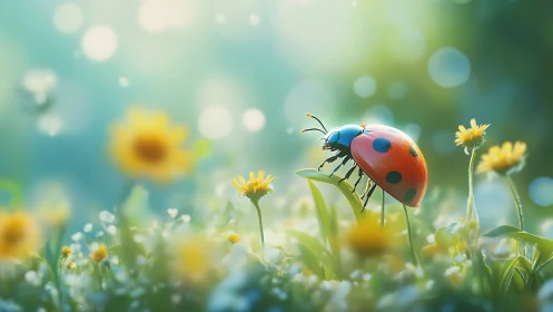 Ladybug rests on sunlit spring bloom in dreamy meadow glow